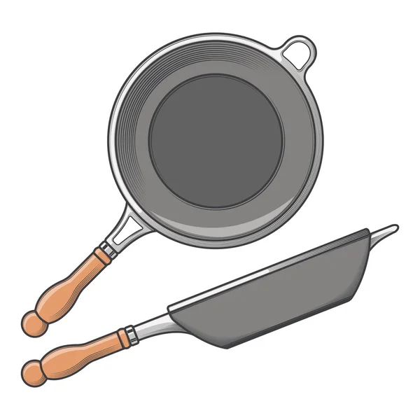 Sartenes (vista lateral y superior) aislados sobre un fondo blanco. Arte de línea de color. Diseño retro de utensilios de cocina. Ilustración vectorial . — Vector de stock