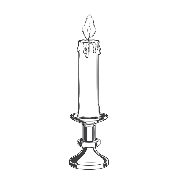 Burning old candle and vintage candlestick isolated on a white background. Monochromatic Line art. Retro design. Vector illustration. — Stock Vector