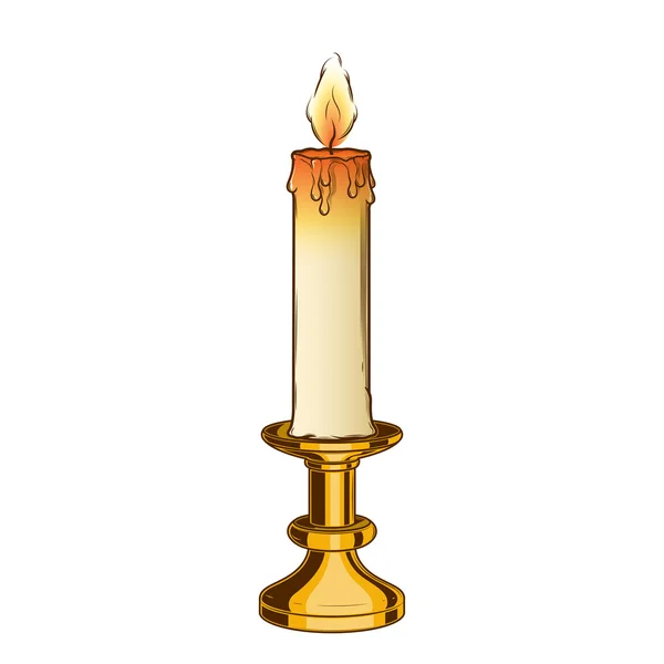 Burning old candle and vintage brass candlestick isolated on a white background. Color line art. Retro design. Vector illustration. — Stock Vector