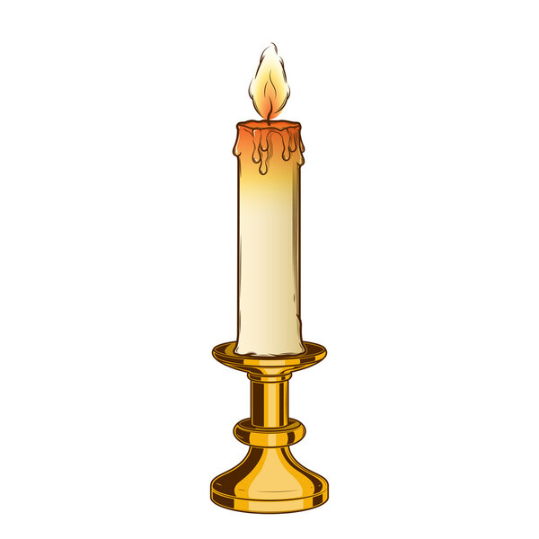 Burning old candle and vintage brass candlestick isolated on a white background. Color line art. Retro design. Vector illustration.