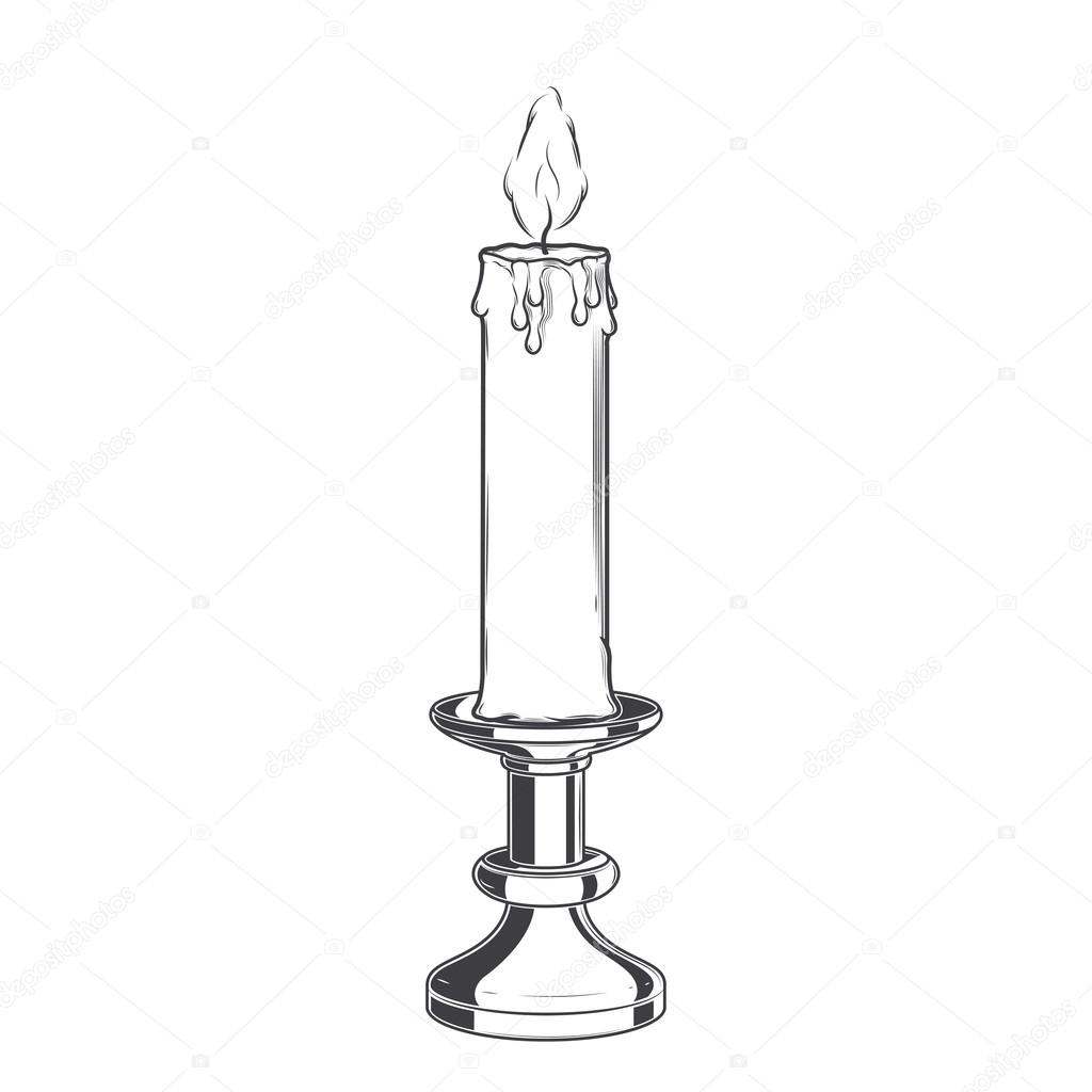 Burning old candle and vintage candlestick isolated on a white background. Monochromatic Line art. Retro design. Vector illustration.