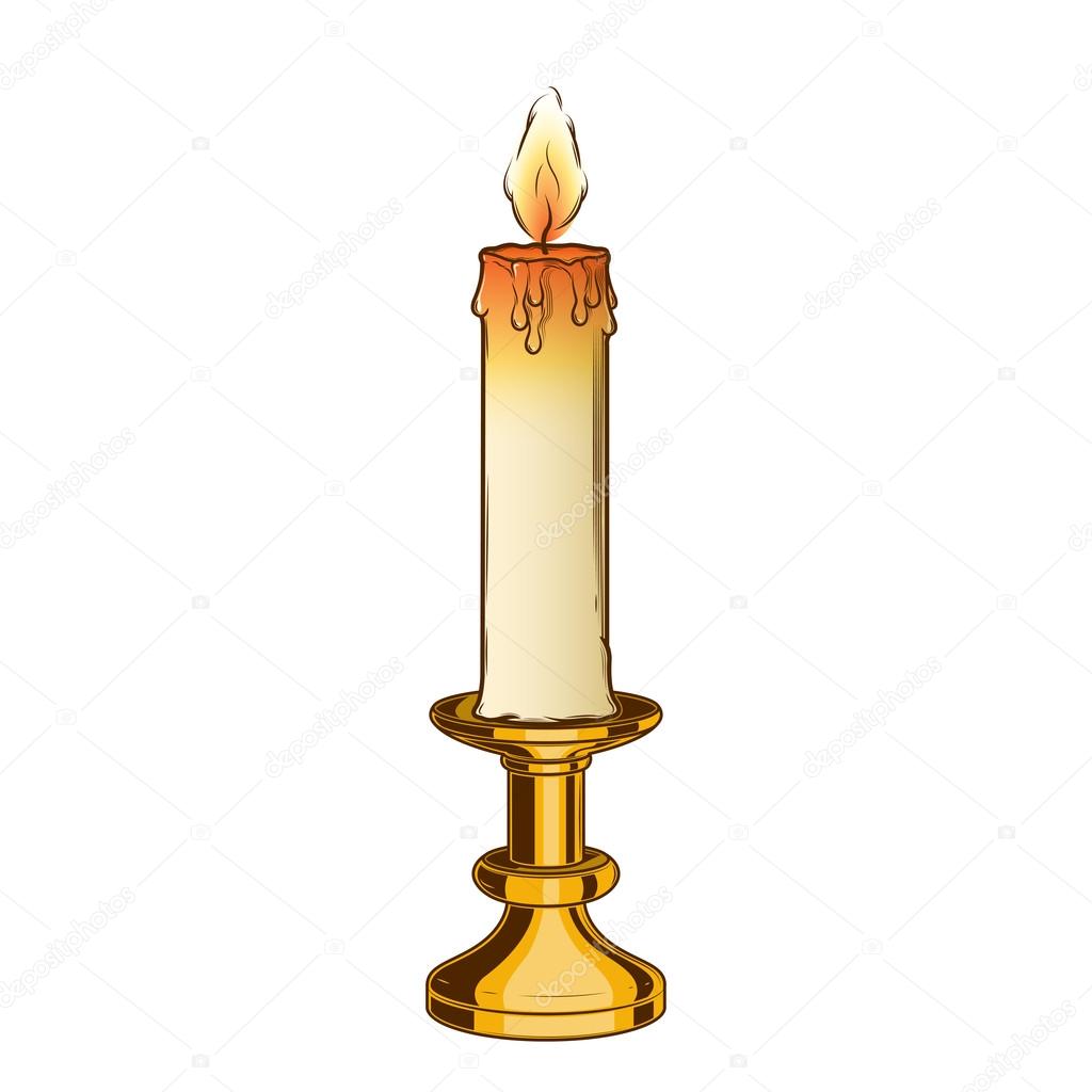 Burning old candle and vintage brass candlestick isolated on a white background. Color line art. Retro design. Vector illustration.