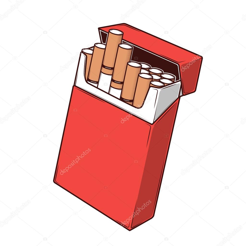 Close-up cigarettes in a red packet isolated on a white background. Color Line art. Retro design. Vector illustration.