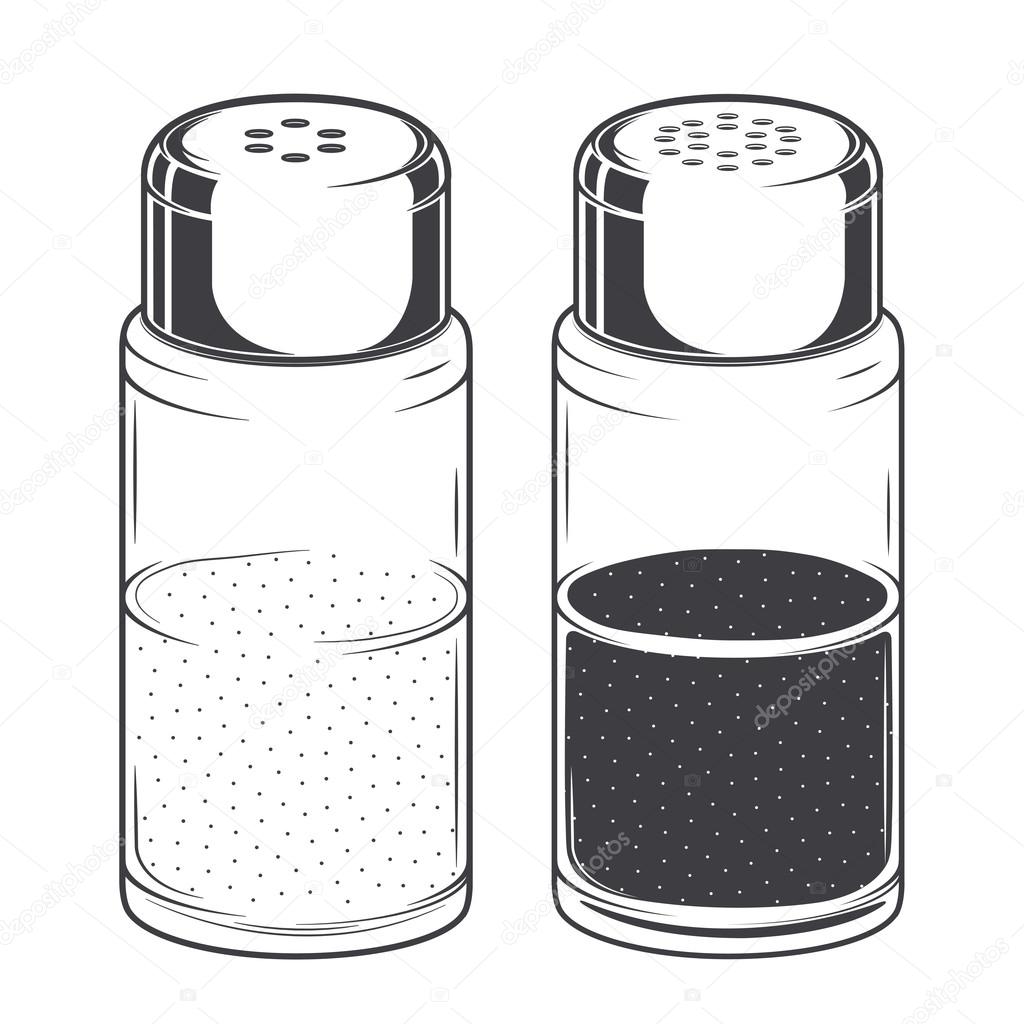 Glass salt and pepper shakers isolated on a white background. Monochromatic Line art. Retro design. Vector illustration.