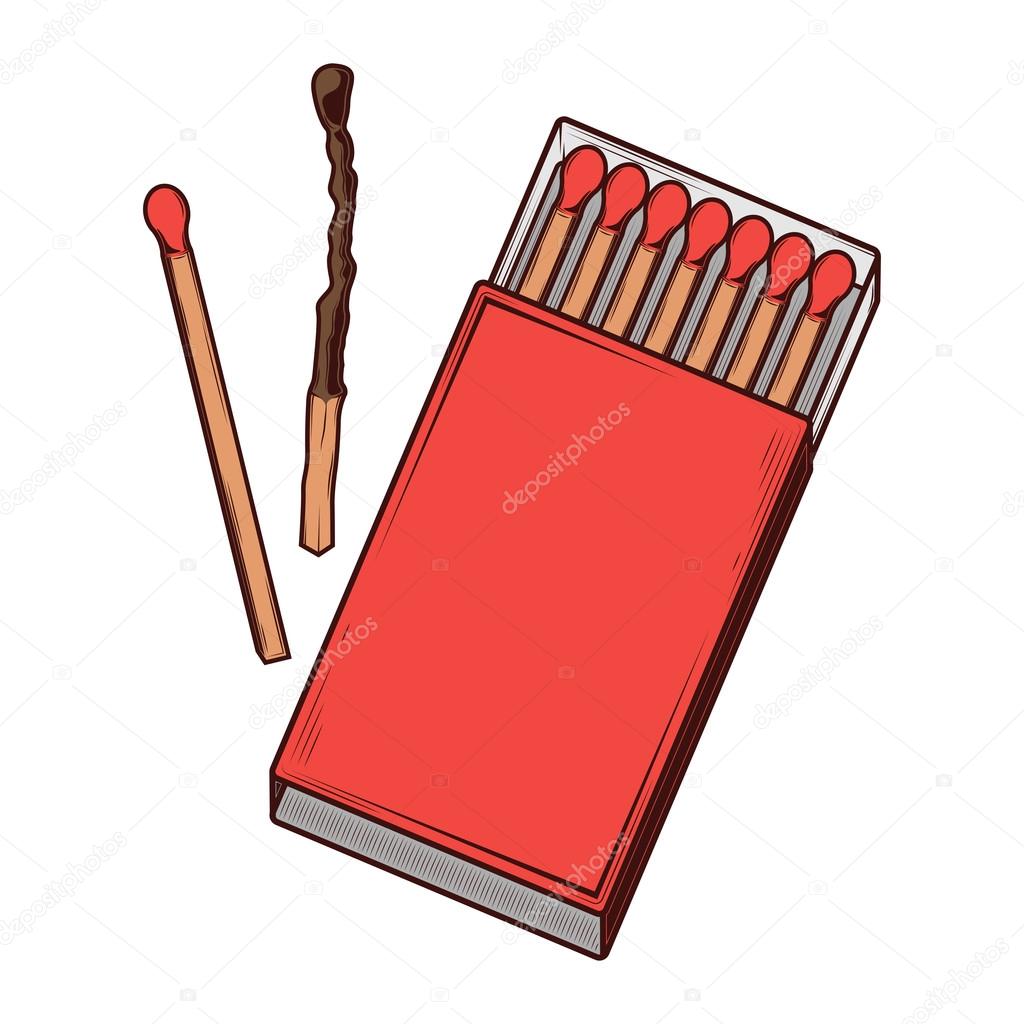 Top view red matchbox isolated on a white background. Color line art. Retro design. Vector illustration.