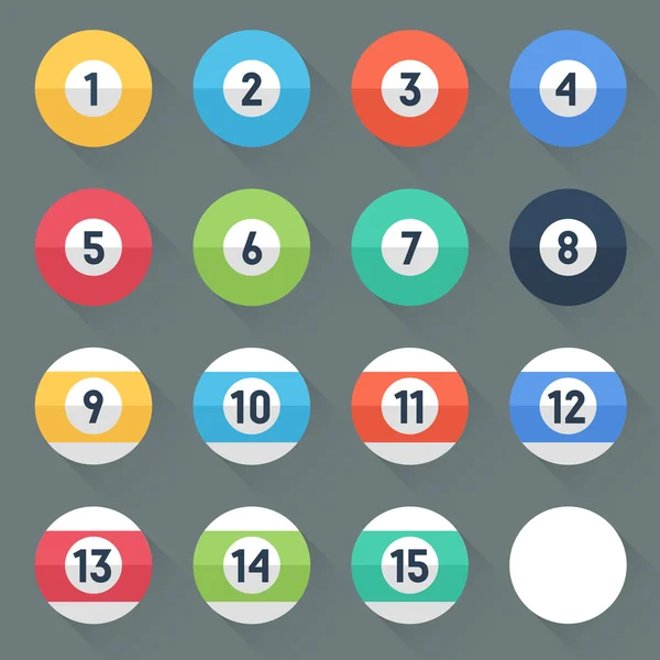 Färgade bollar. Siffrorna 1 till 15 och noll ball. Platt stil med långa skuggor. Modern trendig design. Vektor illustration. — Stock vektor