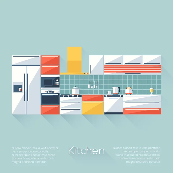 Cocina Cubierta con Nevera, Cocina, Lavavajillas, Tostadora y Microondas. Estilo plano con largas sombras. Diseño moderno de moda. Ilustración vectorial . — Vector de stock