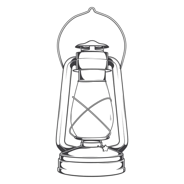 Antigua lámpara de queroseno antiguo aislado sobre un fondo blanco. Arte de línea monocromática. Diseño retro. Ilustración vectorial . — Vector de stock