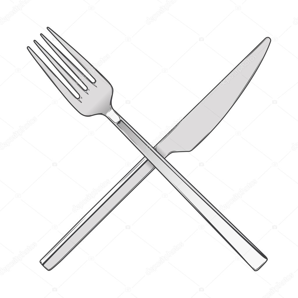 Crossed Fork and Knife isolated on a white background. Cutlery concept. Colored hand drawn line art. Retro design. Vector illustration.