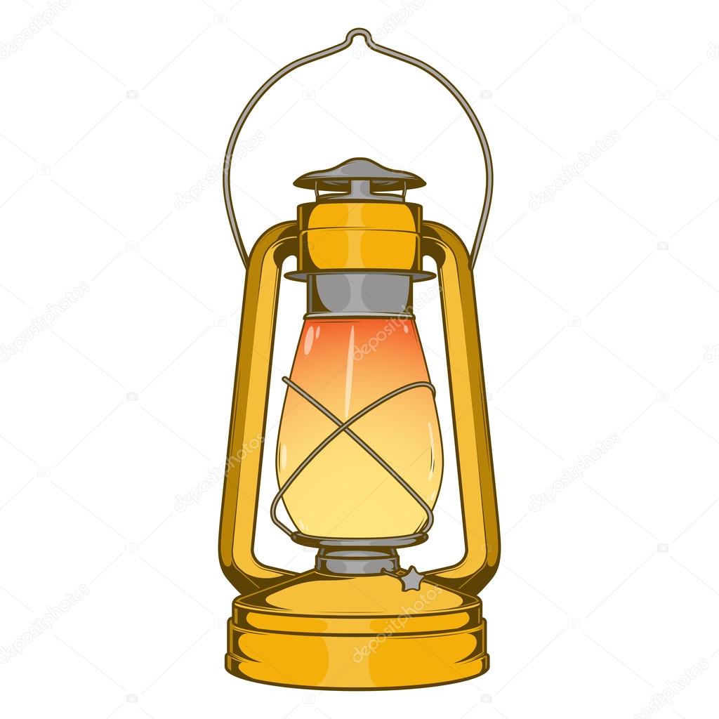 Antique Brass Old Kerosene Lamp isolated on a white background. Colored line art. Retro design. Vector illustration.