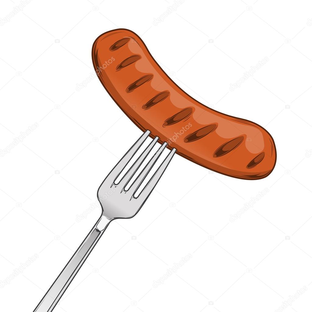 Grilled Sausage on Fork isolated on a white background. Fast food concept. Colored line art. Retro design. Vector illustration.