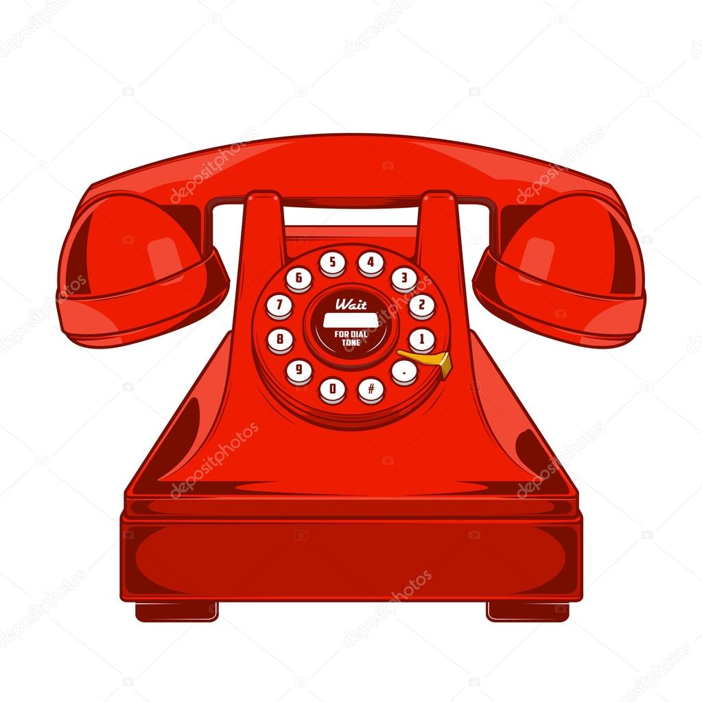 Vintage Red Phone with Buttons Dial Ring isolated on a white background. Monochromatic line art. Retro design. Vector illustration.