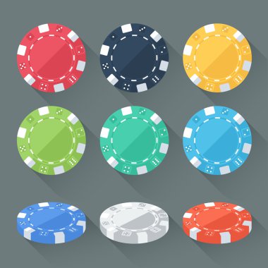 Renkli kumar fiş, izole casino belirteçleri ayarlayın. Uzun gölgeler ile düz stil. Modern modern tasarım. Vektör çizim.