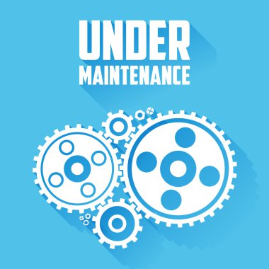 Beyaz mavi bir arka plan üzerinde izole Cogwheels. Bakım Web sitesi sayfa mesaj altında. Uzun gölgeler ile düz stil. Modern modern tasarım. Vektör çizim.
