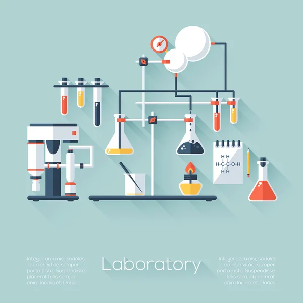 Chemistry education research laboratory equipment. Flat style with long shadows. Modern trendy design. Vector illustration. — Stock Vector