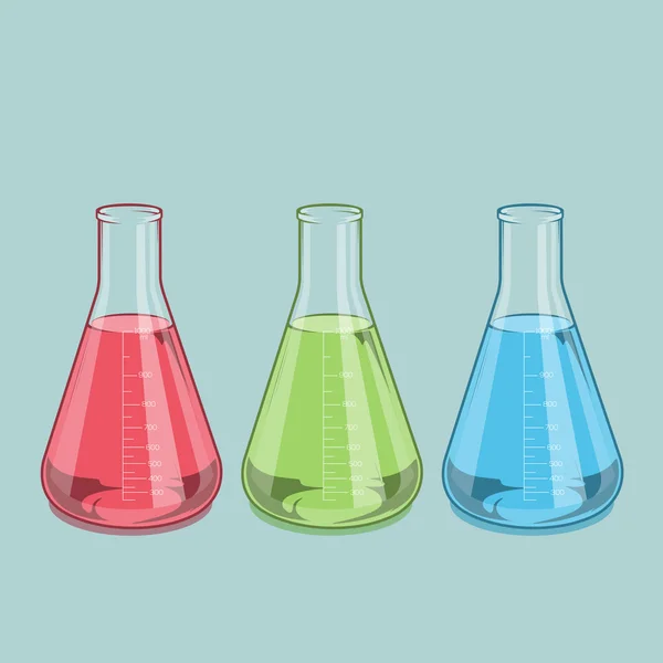 Химическая лабораторная посуда изолирована. Красная, зеленая и синяя жидкость. Фляжка Erlenmeyer 1000 мл. Цветной рисунок. Ретро дизайн. Векторная иллюстрация . — стоковый вектор