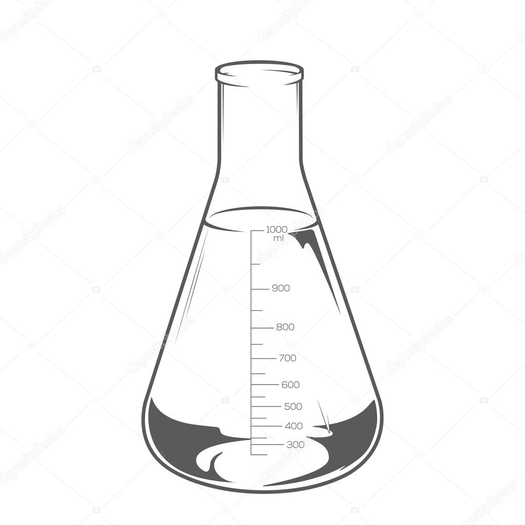 Chemical laboratory glassware with liquid isolated on white background. Erlenmeyer flask 1000ml. Monochromatic line art. Retro design. Vector illustration.