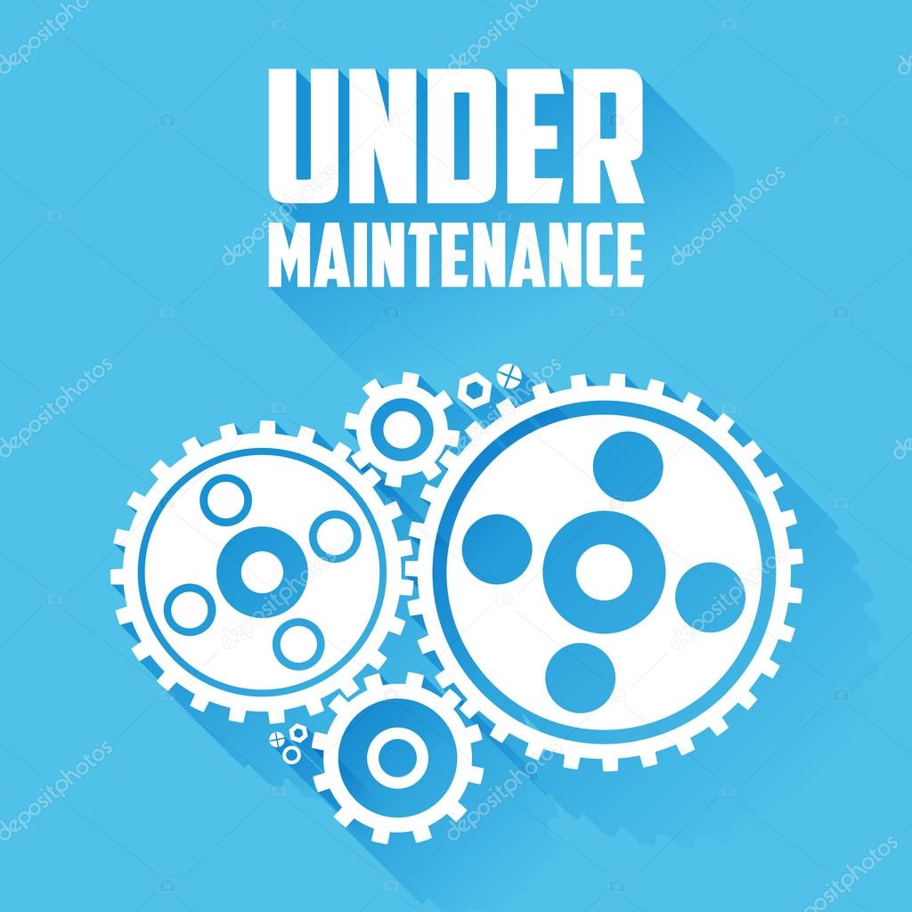 White Cogwheels isolated on a blue background. Under maintenance website page message. Flat style with long shadows. Modern trendy design. Vector illustration.