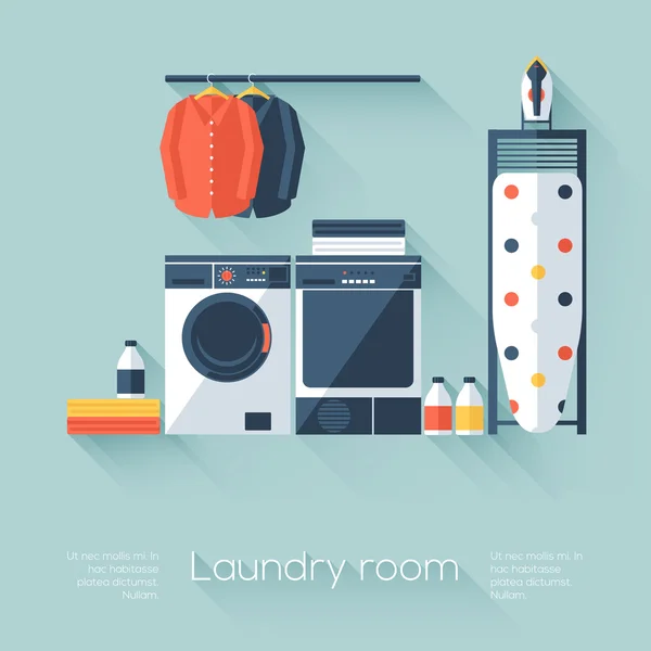 Buanderie avec lave-linge et sèche-linge. Style plat avec de longues ombres. Design moderne et tendance. Illustration vectorielle . — Image vectorielle