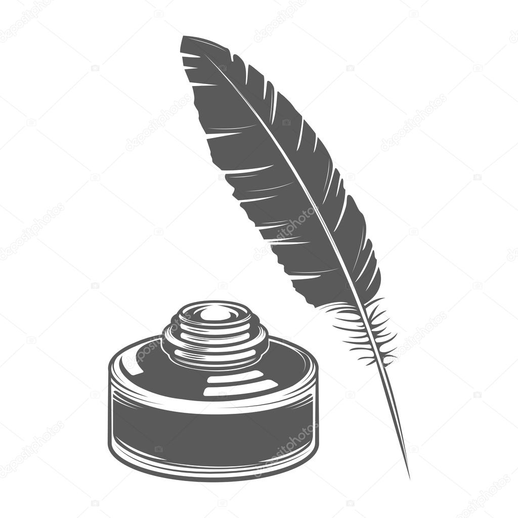 Feather pen and ink isolated on white background. Calligraphic letter. Monochromatic line art. Retro design. Vector illustration.