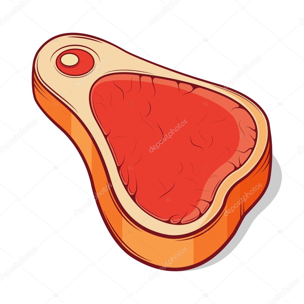 Raw slice of beef meat isolated on a white background. Colored line art. Cartoon retro design. Vector illustration.