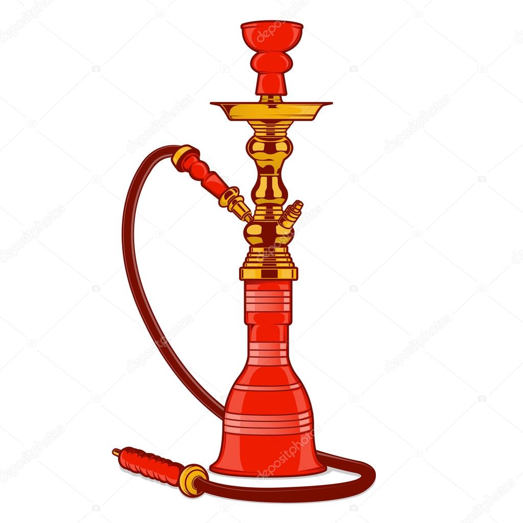 Shisha with pipe isolated on white background. Colored line art. Retro design. Vector illustration.