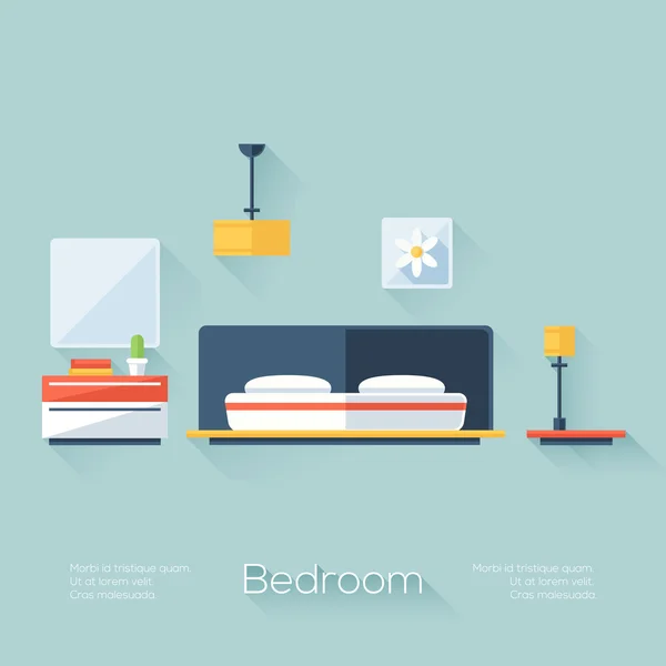 Sampul kamar tidur dengan lampu, Chandelier dan Nightstand. Gaya Datar dengan Bayangan Panjang. Desain Trendy Modern. Ilustrasi Vektor . - Stok Vektor