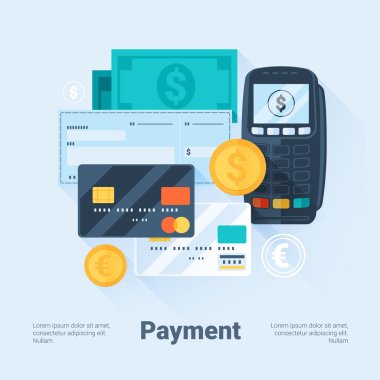 Card, Money, Coins and Cheque. Payment Methods Concept. Flat Style with Long Shadows. Clean Design. Vector Illustration.