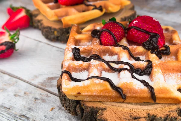Belgium waffles with strawberries and chocolate. Top view — Stock Photo, Image