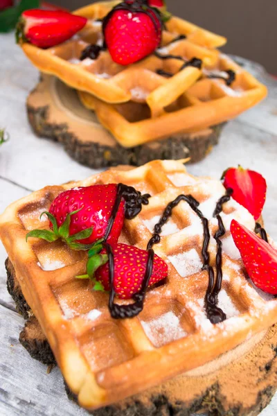 Belgium waffles with strawberries and chocolate. Top view — Stock Photo, Image