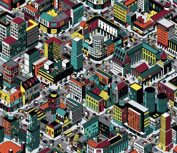 Kleurrijke stad blokken isometrische naadloze patroon - middelgroot — Stockvector