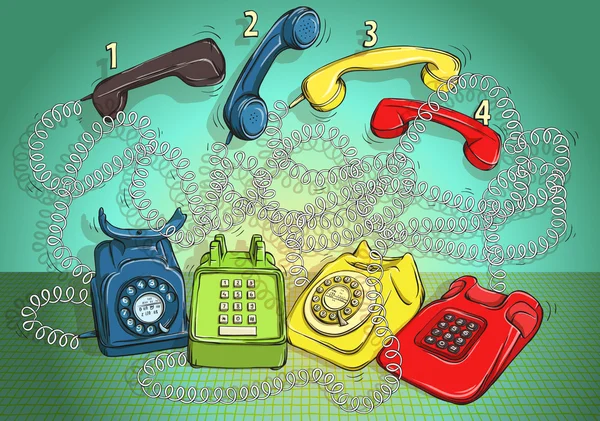 Teléfono alambre laberinto juego. Respuesta: 1-rojo; 2-verde; 3-azul; 4-grito — Vector de stock