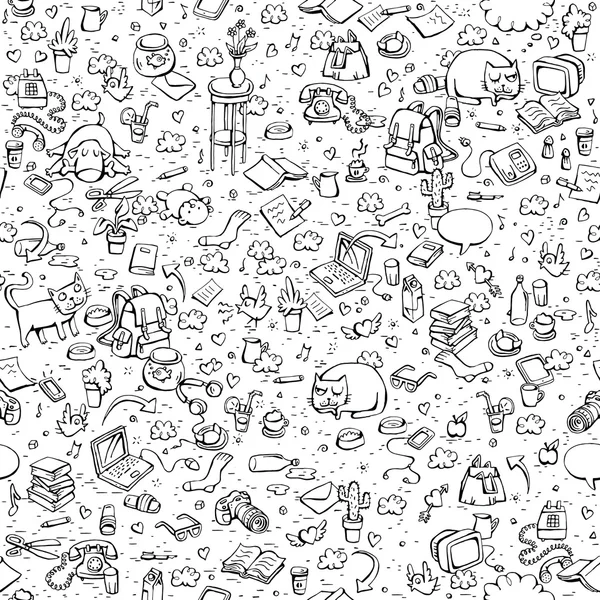 Technological Everyday Objects seamless pattern in black and whi — Stock Vector