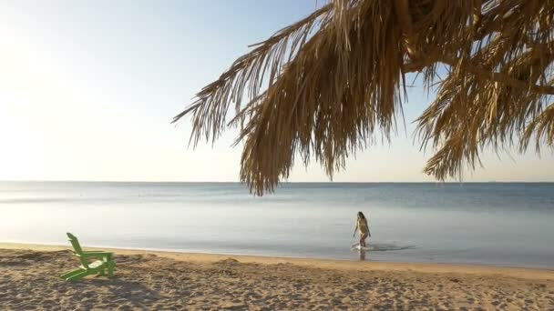 Alone girl sunbathes on a beach near the sea. HD — Stock Video