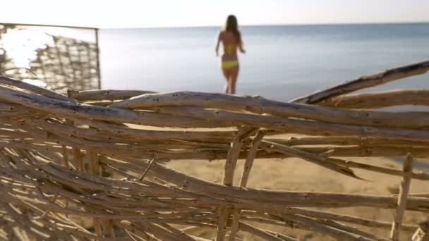 Dziewczyna w stroju kąpielowym, biegnące w kierunku morza aby popływać. HD — Wideo stockowe