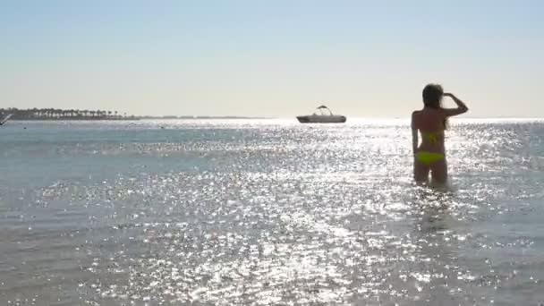 Menina de pé no mar e olha para a distância. HD — Vídeo de Stock