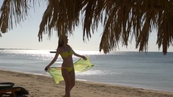 Ένα κορίτσι λεπτό τρέχει στην παραλία με Παρεό. HD — Αρχείο Βίντεο