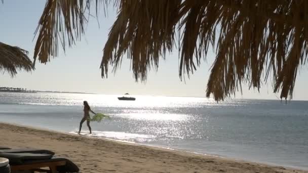 Glad tjej på stranden. HD — Stockvideo