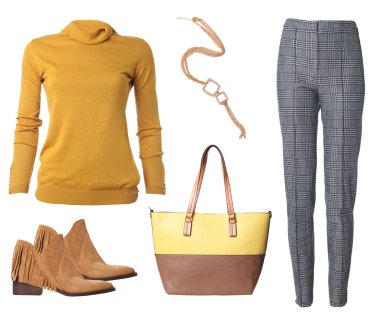 Bayan sonbahar giyim ve Donatılar beyaz üzerine kolaj