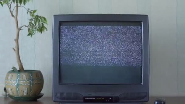 Vieja pantalla de tv con mala señal estática de pie en la mesa de madera con la planta de la casa — Vídeos de Stock