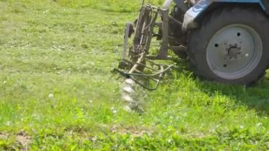 İlkbaharda genç yeşil çimleri biçen özel şehir taşımacılığı