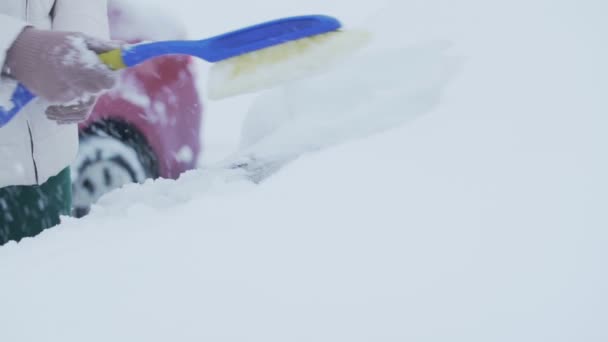 Mujer en guantes de punto limpiando el parabrisas del coche de la deriva de la nieve — Vídeos de Stock