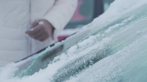 Persona femenina limpia la nieve mojada del parabrisas del vehículo con un cepillo multicolor — Vídeos de Stock