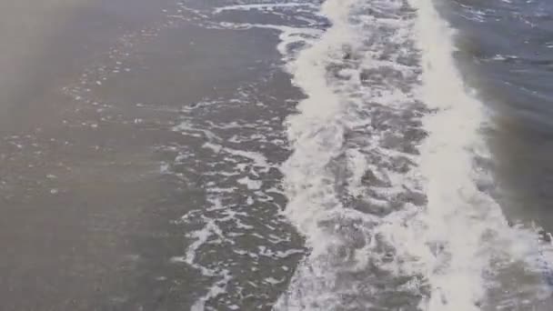 Eau boueuse de mer avec mousse blanche coulant au bord de la mer sablonneuse — Video