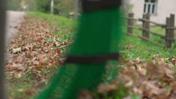 Zamiatarka z dużą miotłą w ręku zamiatająca suszone liście z chodnika — Wideo stockowe