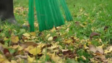 Lastik çizmeli bahçıvan yeşil süpürgeli kuru yaprakları süpürüyor.