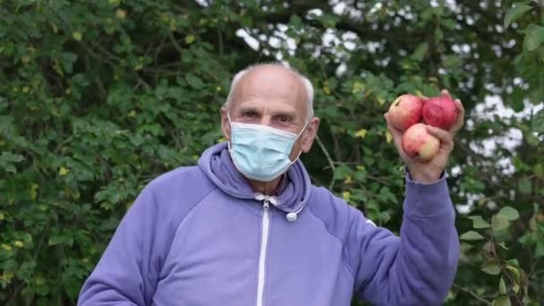 Grijsharige volwassen boer in gezicht masker houdt appels in de hand en gooit hun. — Stockvideo