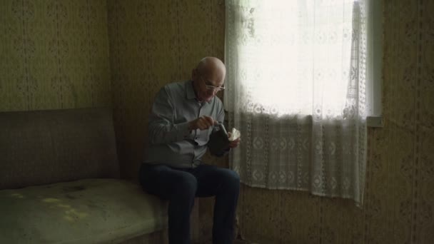 Homem sênior com óculos senta-se no sofá e lê jornal — Vídeo de Stock