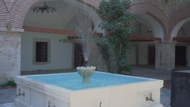 Ontworpen fontein met hoge waterstralen staat in de tuin — Stockvideo