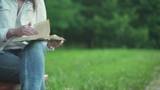 Ung kvinna bläddrar igenom små skönlitterära boksidor i parken — Stockvideo